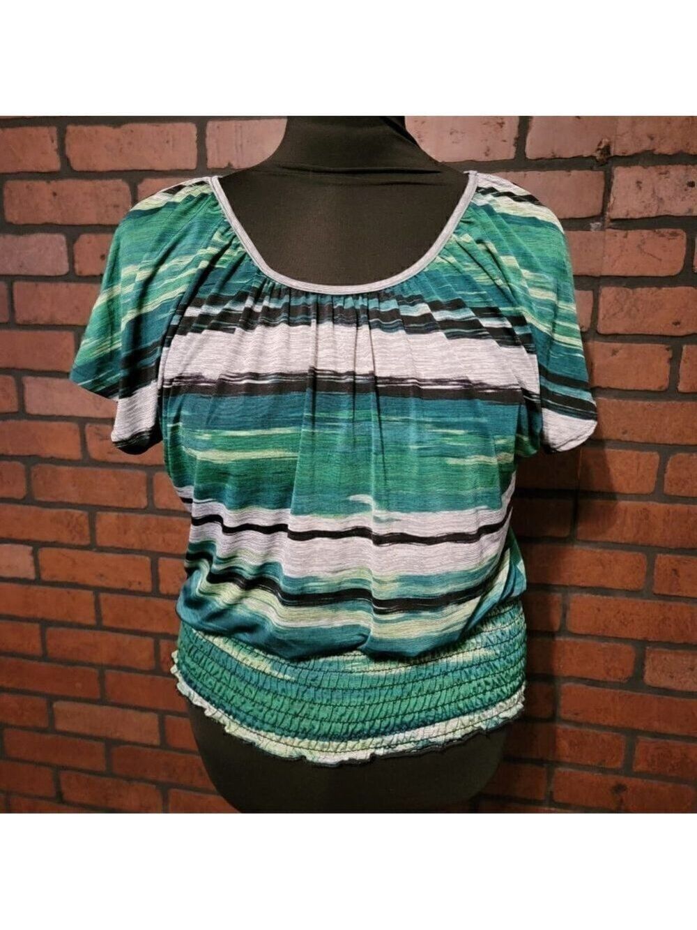 Lavish Tops with Smocked elastic waist band Green/White/Black Strips. Size LG